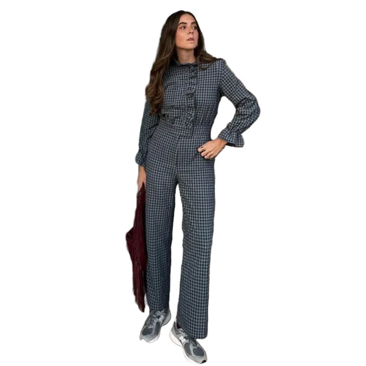 Casual Bubble Sleeve Plaid Long Romper