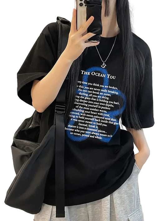 Black Letter Print T-Shirt Women Oversized Tees